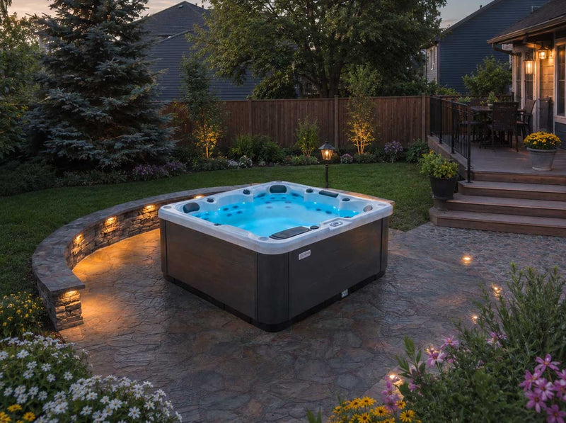 Hot tub in a backyard setting with evening lighting
